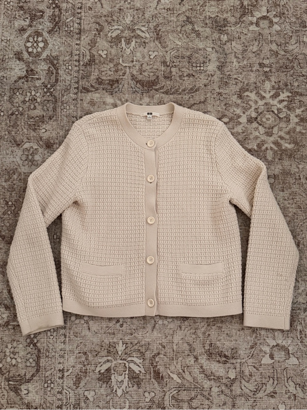 Uniqlo Cream Waffle-Knit Button Cardigan